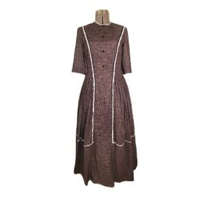 Vintage 70s Handmade‎ Prairie Dress Brown Maxi Cottage Boho Lace Size Small
